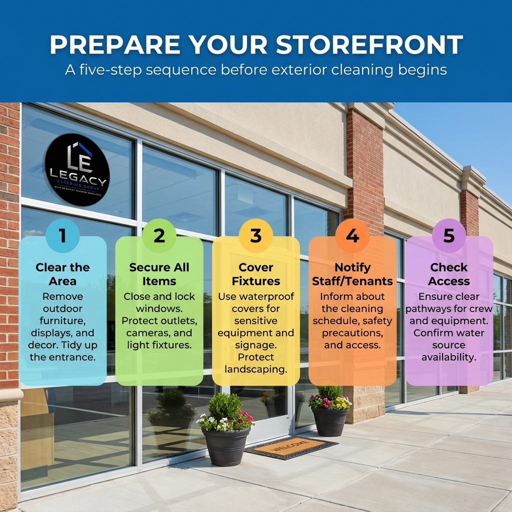 Five-step storefront preparation checklist for an exterior cleaning appointment
